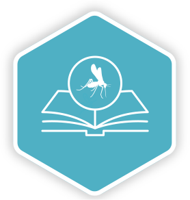 Open book with a mosquito highlighted under a magnifying glass, with a dotted flight trail, representing accredited medical education